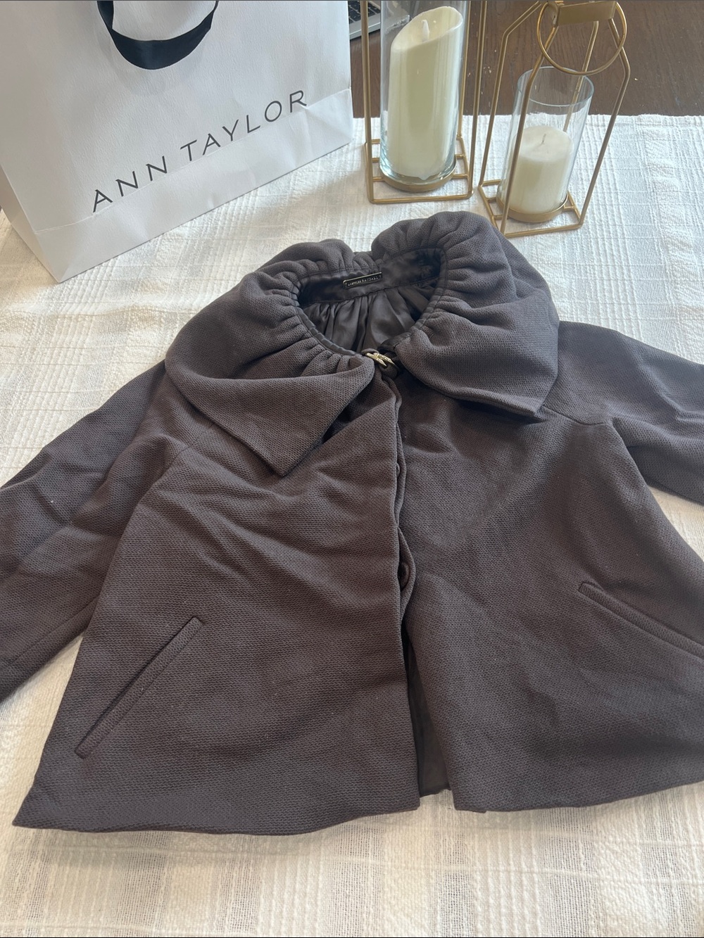 Ann Taylor Women's Dark Charcoal Ruched Collar Peacoat